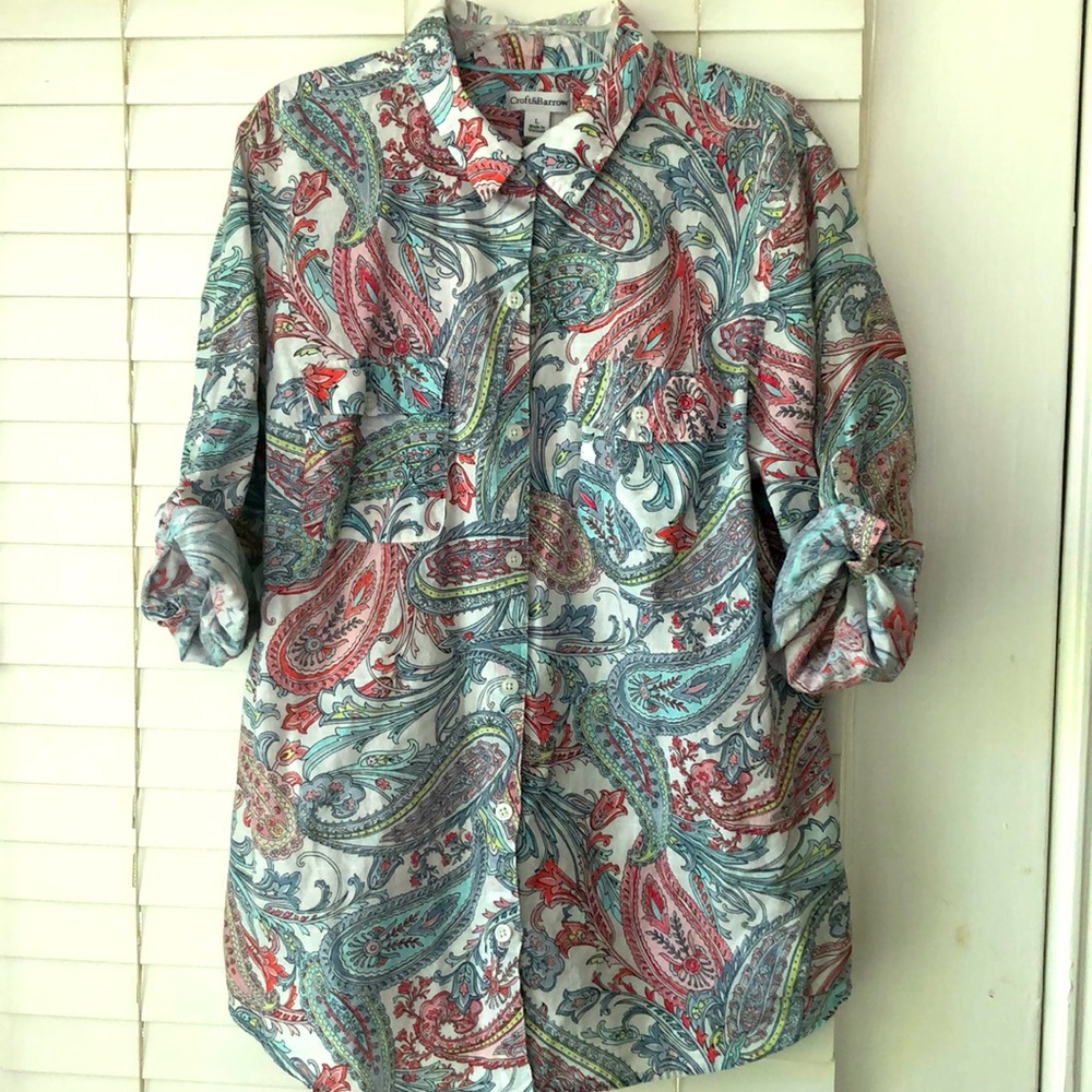 croft & barrow Shirt Top Button Down Roll Tab Sleeves SZ L Paisley